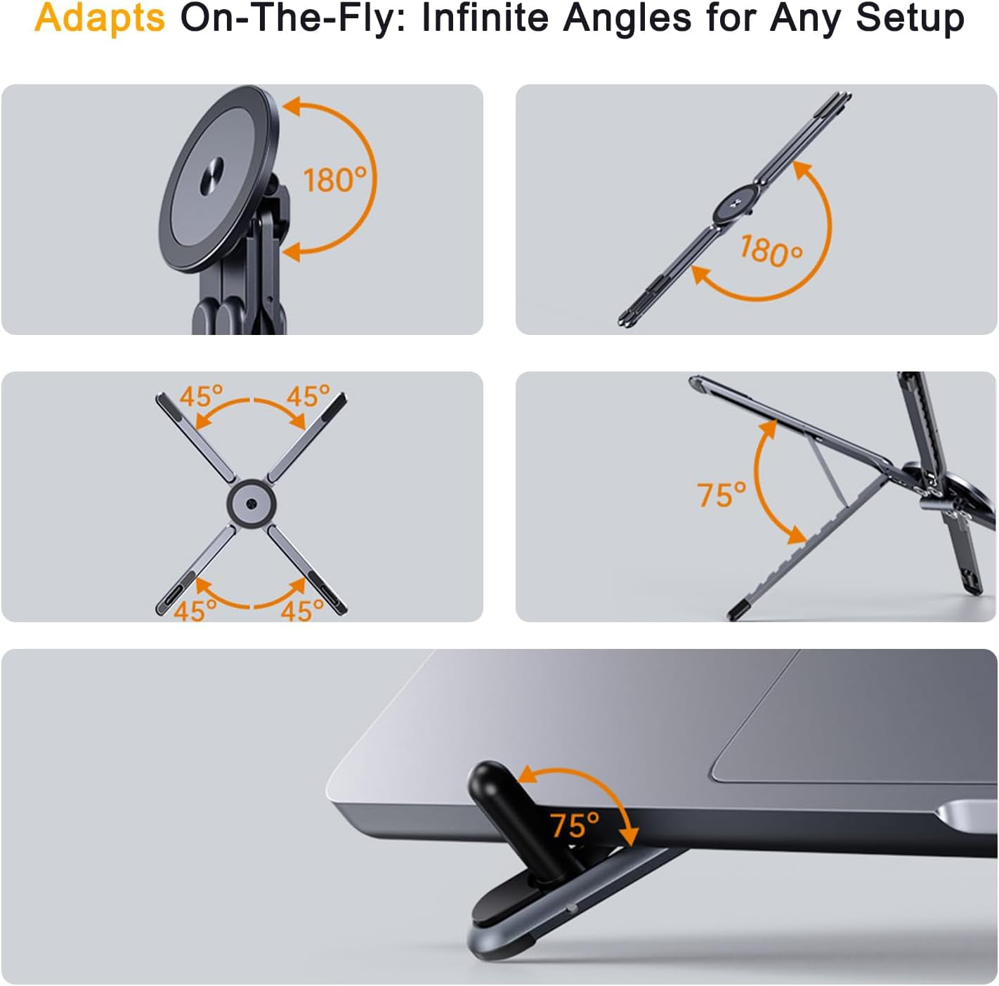 3-In-1 Portable Tablet Laptop Stand for Desk, Magnetic Phone Tripod Holder for Iphone 12-17, Adjustable Aluminum Laptop Riser Support Mount for Home Office and Airplane Travel, Gray