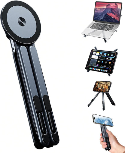 3-In-1 Portable Tablet Laptop Stand for Desk, Magnetic Phone Tripod Holder for Iphone 12-17, Adjustable Aluminum Laptop Riser Support Mount for Home Office and Airplane Travel, Gray